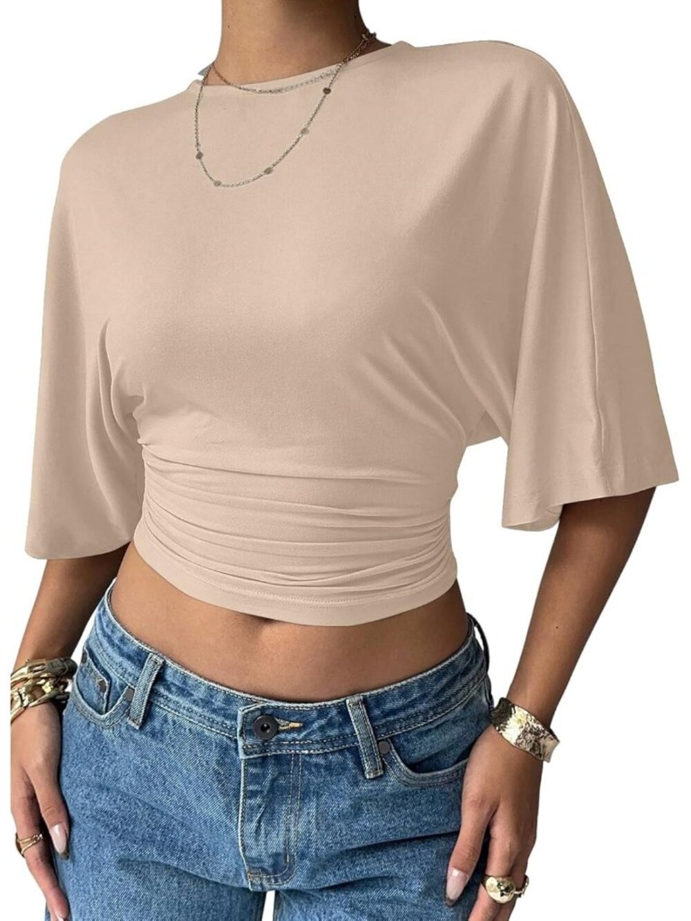 Women's Apricot Ruched Crop Top Crew Neck Half Sleeve Cinched Waist Casual Shirt